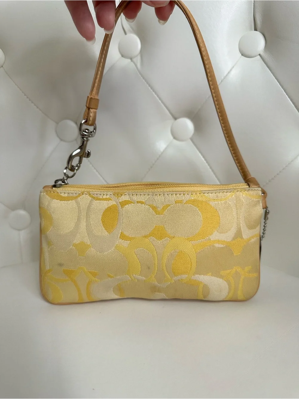 Coach Yellow Signature Canvas Wristlet with Leather Trim